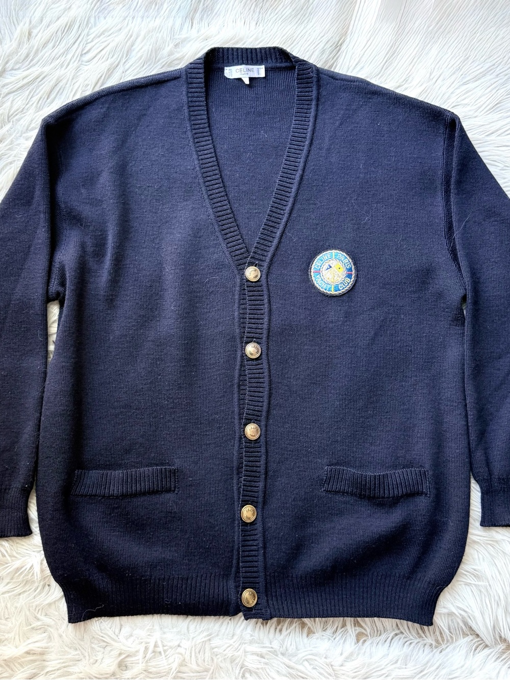 Celine Paris Vintage Pure Wool Cardigan Navy V Neck Crest Button Sweater France